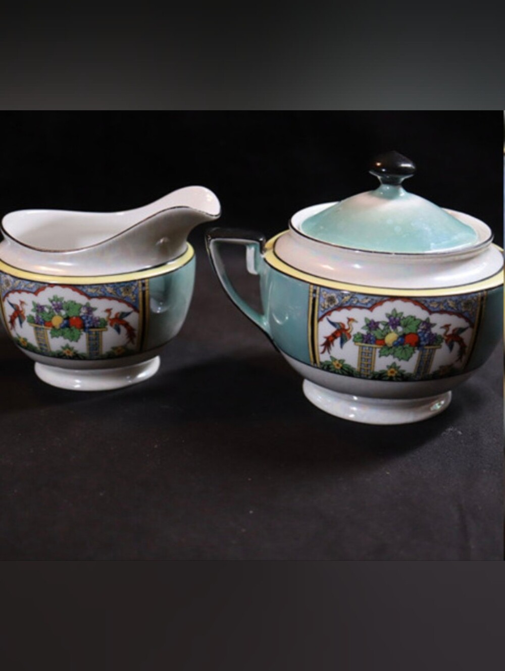 Vintage Noritake Morimura Fruit & Peacock Sugar Bowl with Lid & Creamer Set